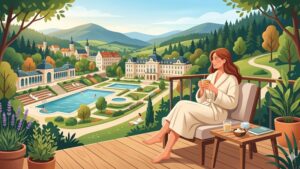 Современная иллюстрация оздоровительного курорта в Чехии с элементами спа и природы для блога