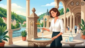 Иллюстрация с минеральной водой и стаканом в современном стиле для гида по оздоровлению в Чехии